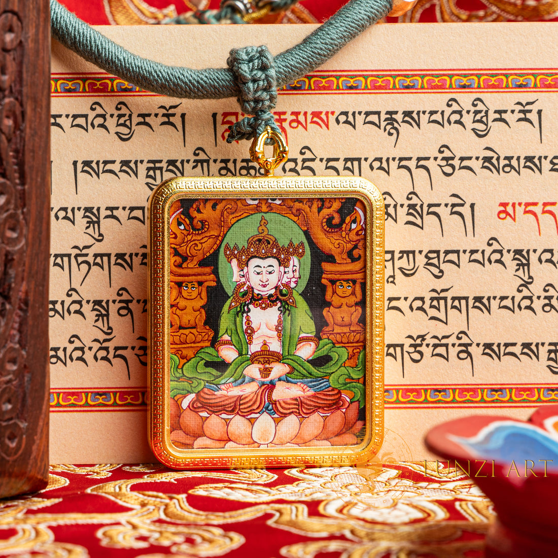 Hand-Painted Vairocana Buddha Rectangular Locket (Ghau) Thangka - L-V-61