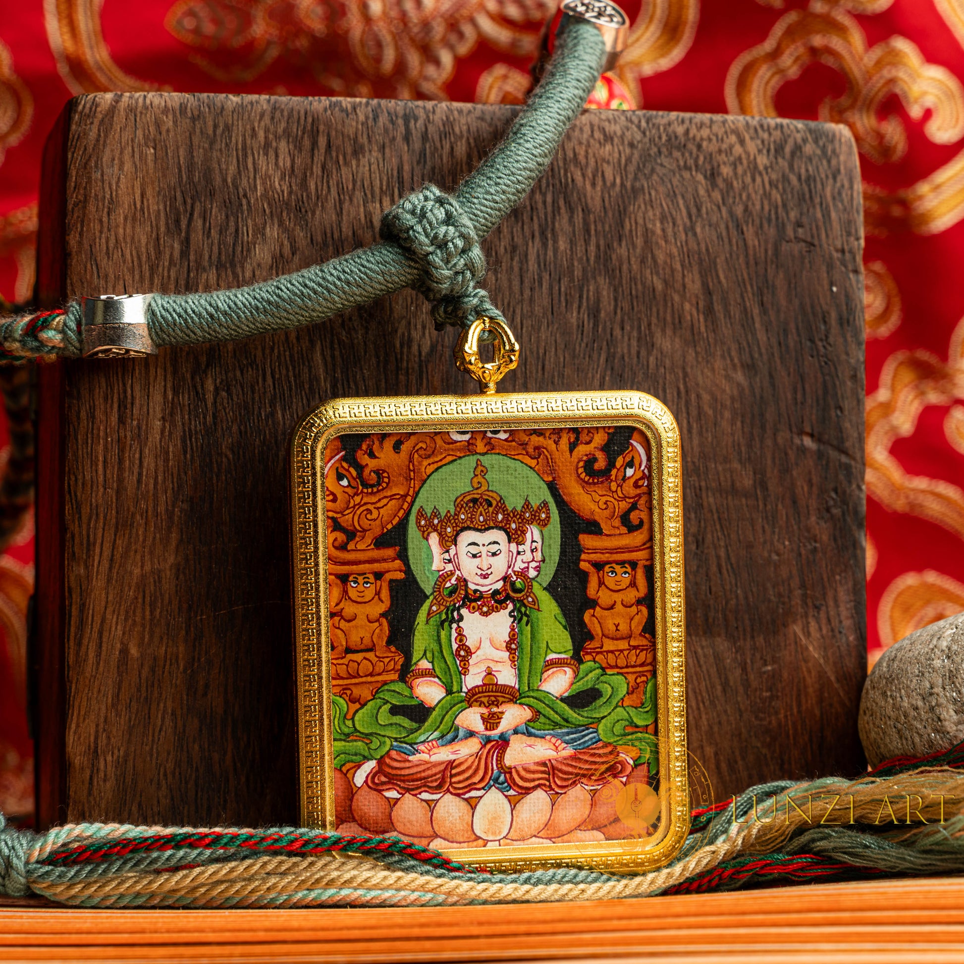 Hand-Painted Vairocana Buddha Rectangular Locket (Ghau) Thangka - L-V-61
