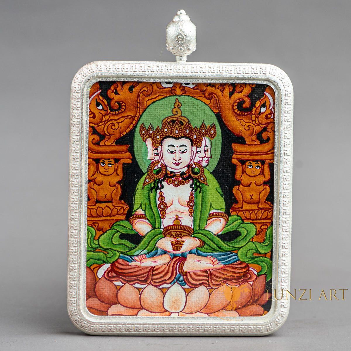 Hand-Painted Vairocana Buddha Rectangular Locket (Ghau) Thangka - L-V-61