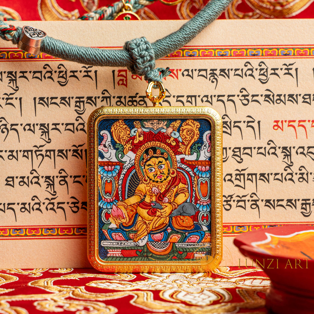 Hand-Painted Yellow Zambala Rectangular Locket (Ghau) Thangka - L-J-60