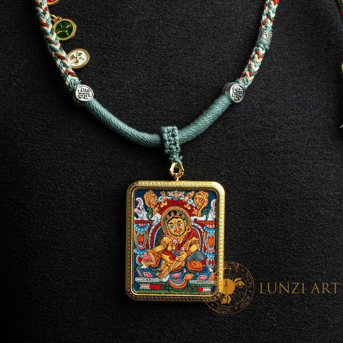 Hand-Painted Yellow Zambala Rectangular Locket (Ghau) Thangka - L-J-60