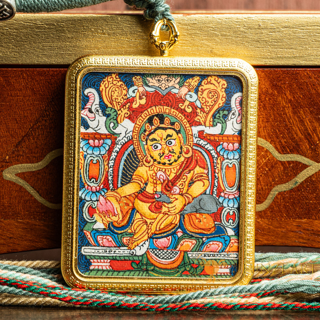 Hand-Painted Yellow Zambala Rectangular Locket (Ghau) Thangka - L-J-60