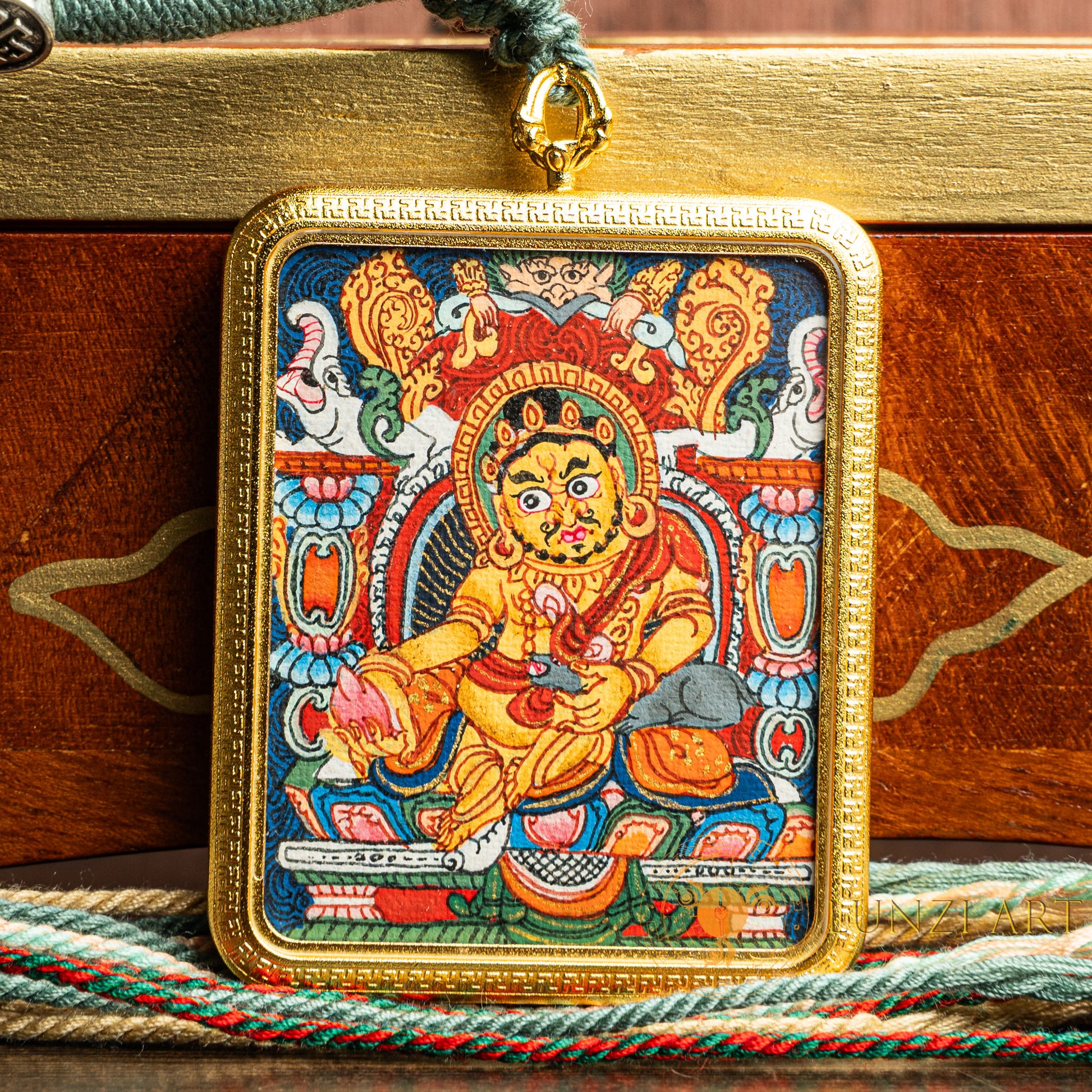 Hand-Painted Yellow Zambala Rectangular Locket (Ghau) Thangka - L-J-60