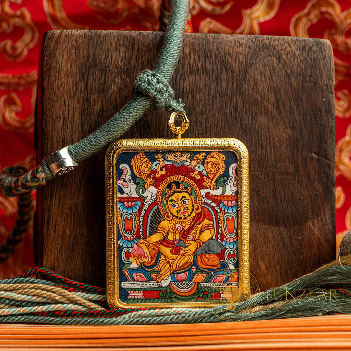 Hand-Painted Yellow Zambala Rectangular Locket (Ghau) Thangka - L-J-60