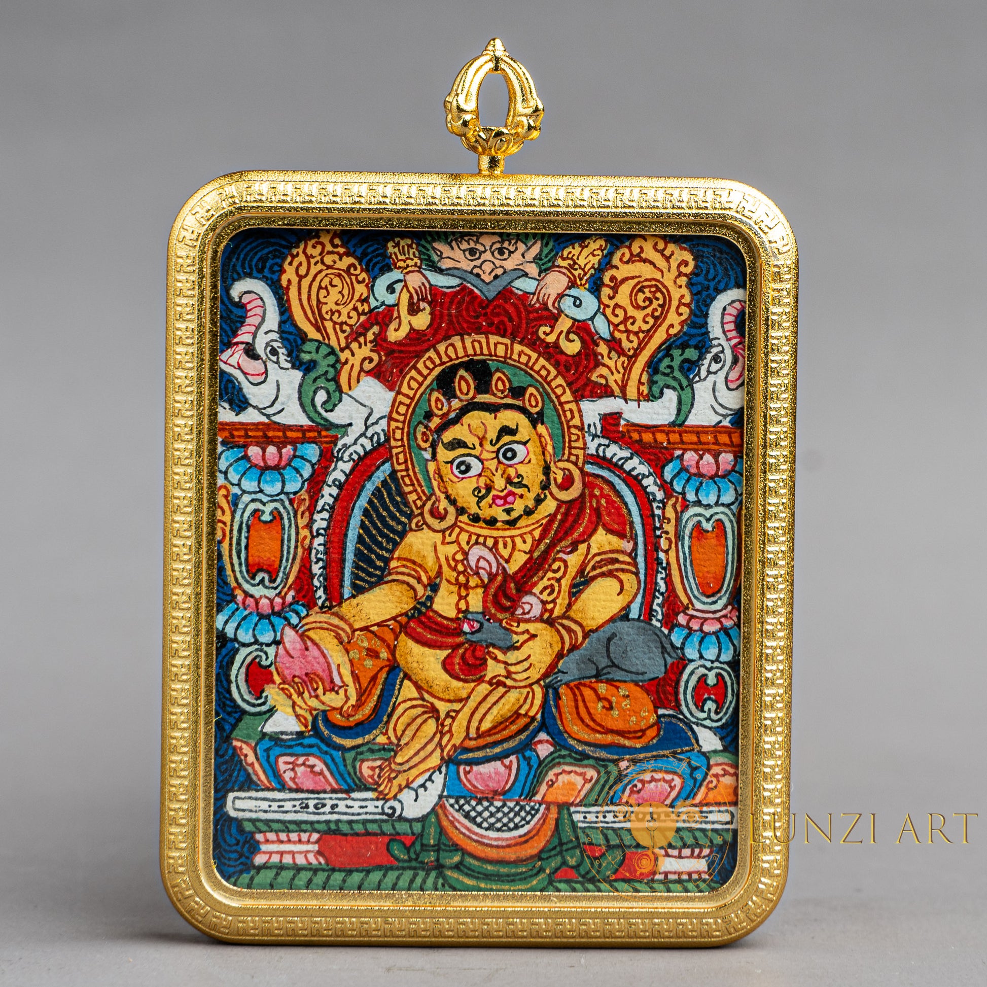 Hand-Painted Yellow Zambala Rectangular Locket (Ghau) Thangka - L-J-60