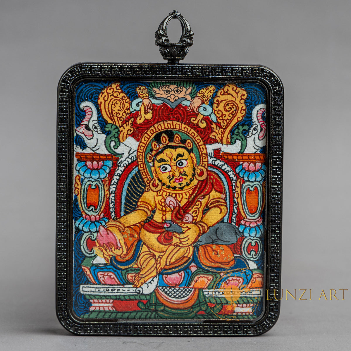 Hand-Painted Yellow Zambala Rectangular Locket (Ghau) Thangka - L-J-60