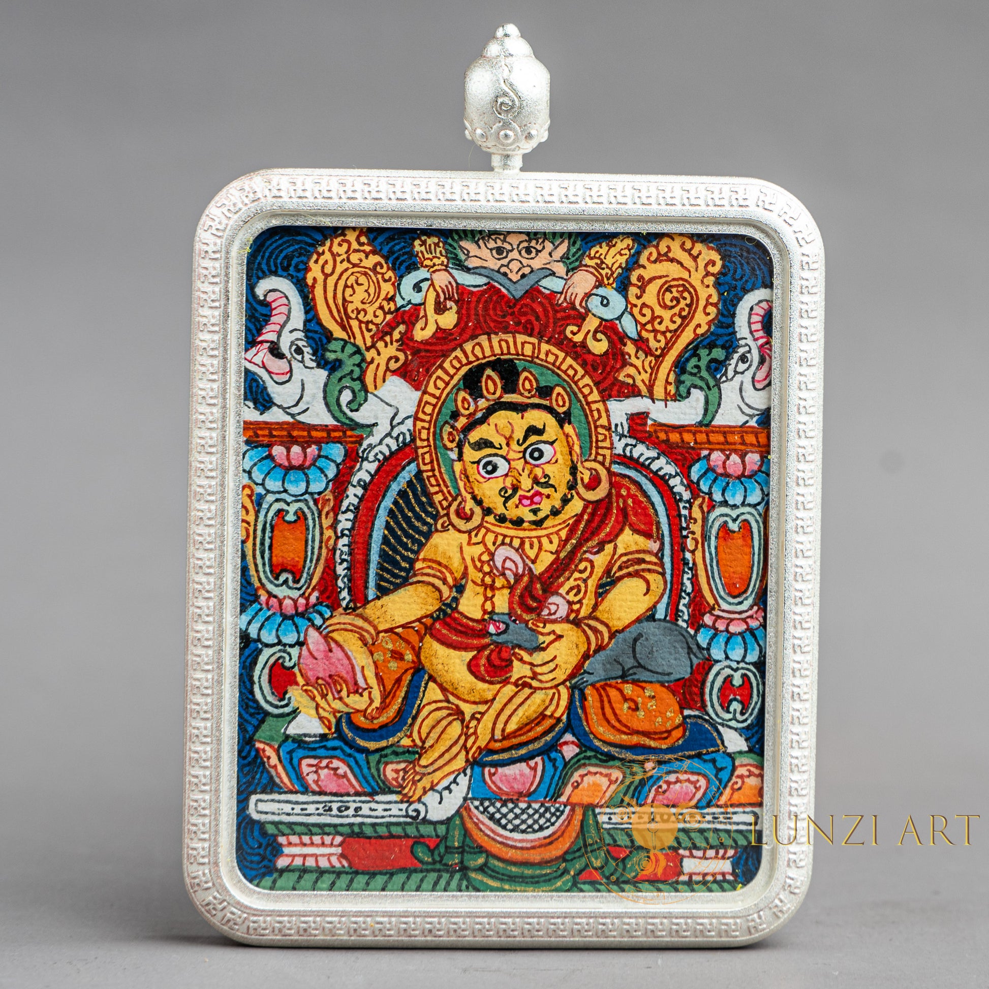 Hand-Painted Yellow Zambala Rectangular Locket (Ghau) Thangka - L-J-60