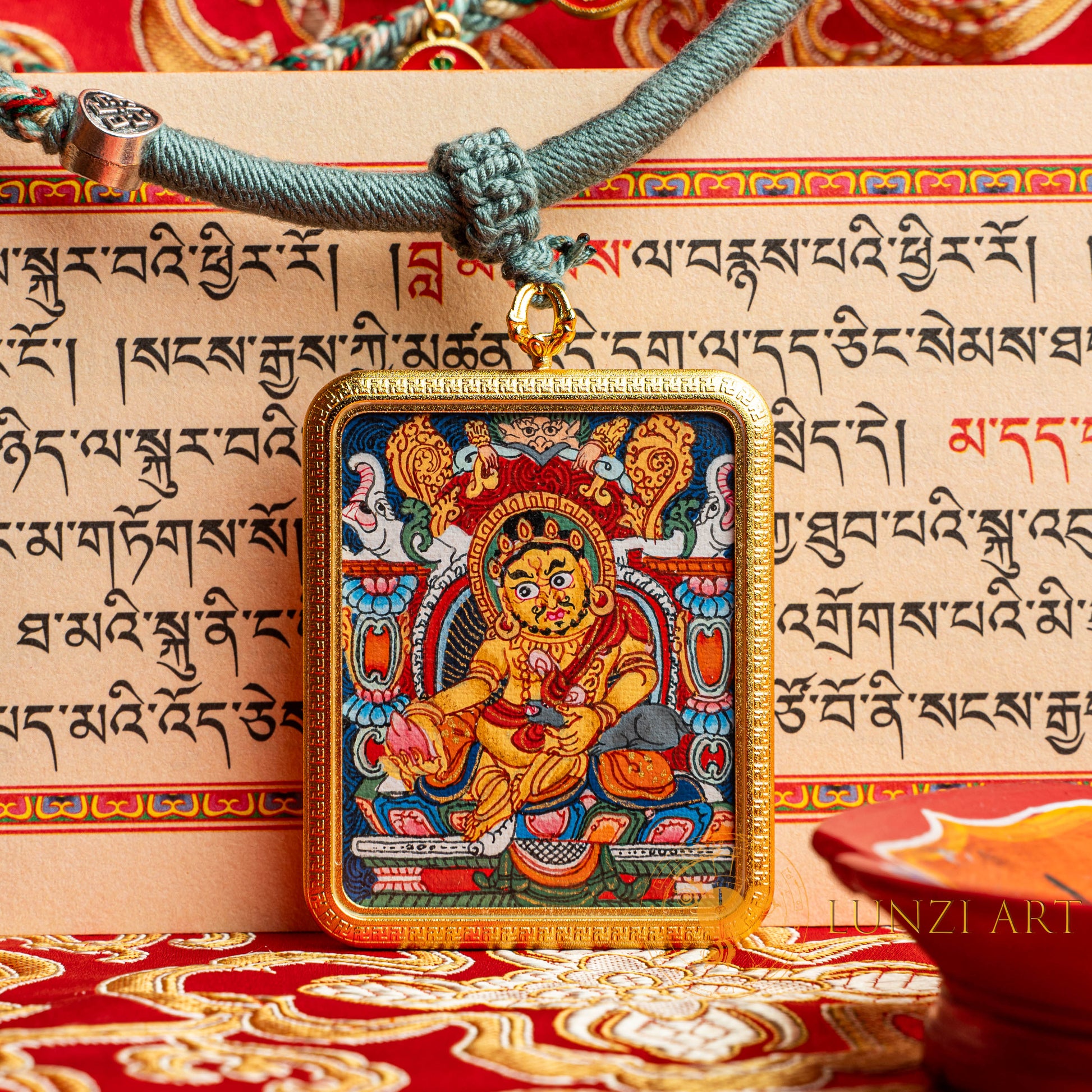 Hand-Painted Yellow Zambala Rectangular Locket (Ghau) Thangka - L-J-60-L-J-60-L-J-60