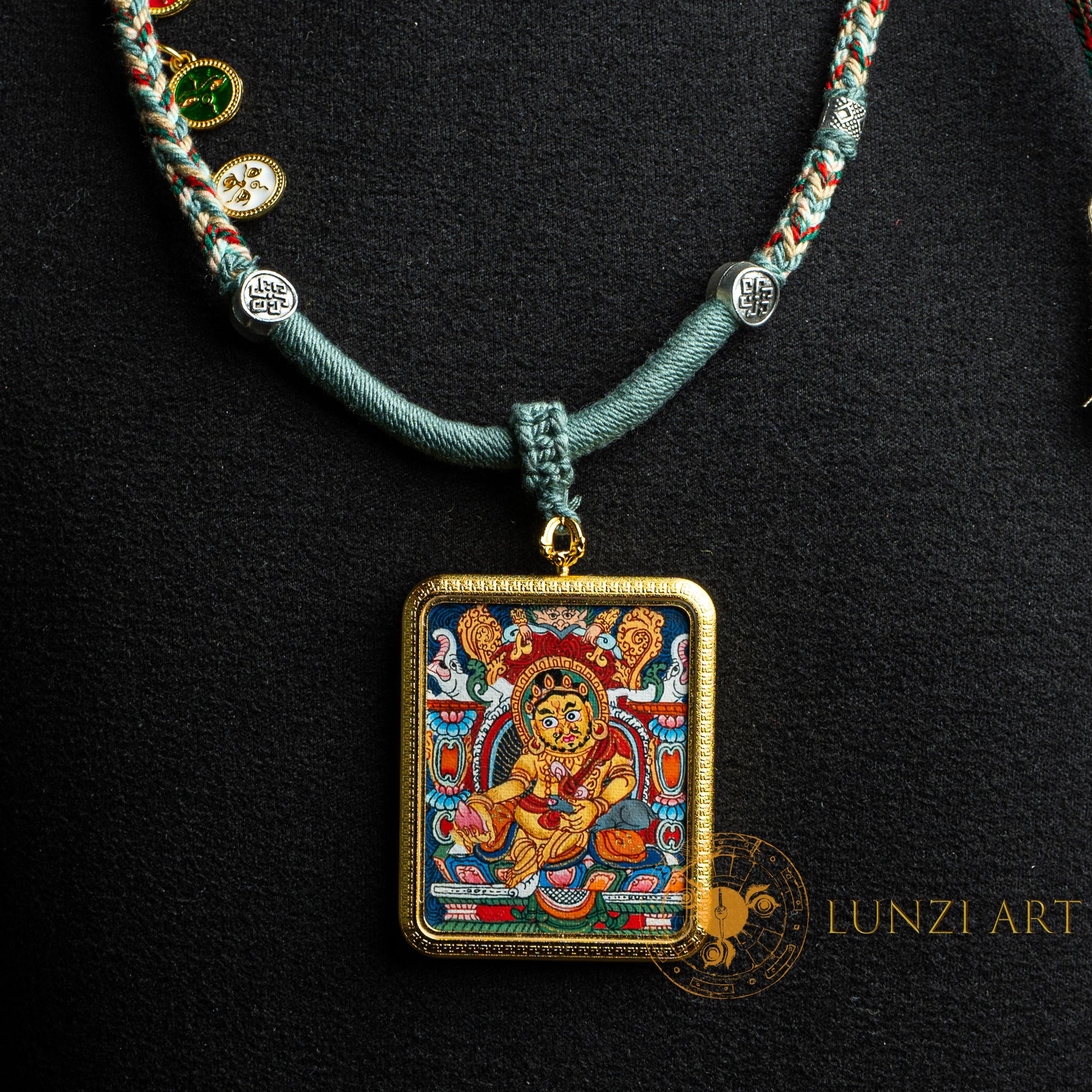 Hand-Painted Yellow Zambala Rectangular Locket (Ghau) Thangka - L-J-60-L-J-60-L-J-60