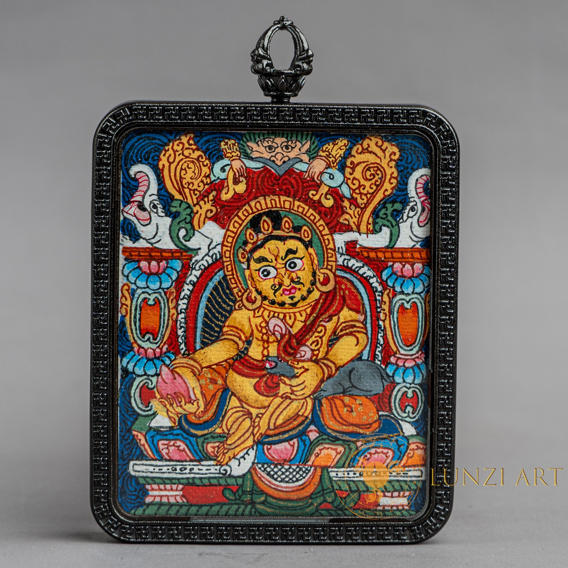 Hand-Painted Yellow Zambala Rectangular Locket (Ghau) Thangka - L-J-60-L-J-60-L-J-60