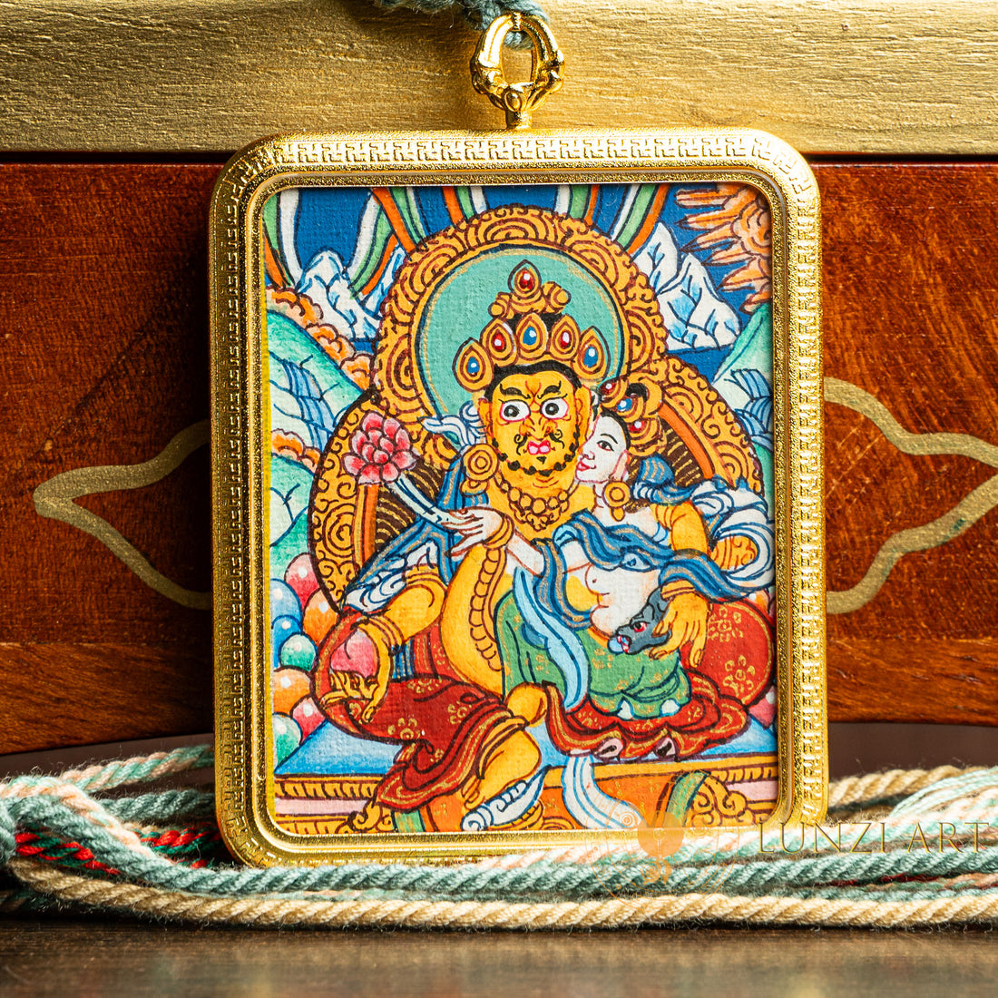 Hand-Painted Zambala with Consort Rectangular Locket (Ghau) Thangka - L-J-62