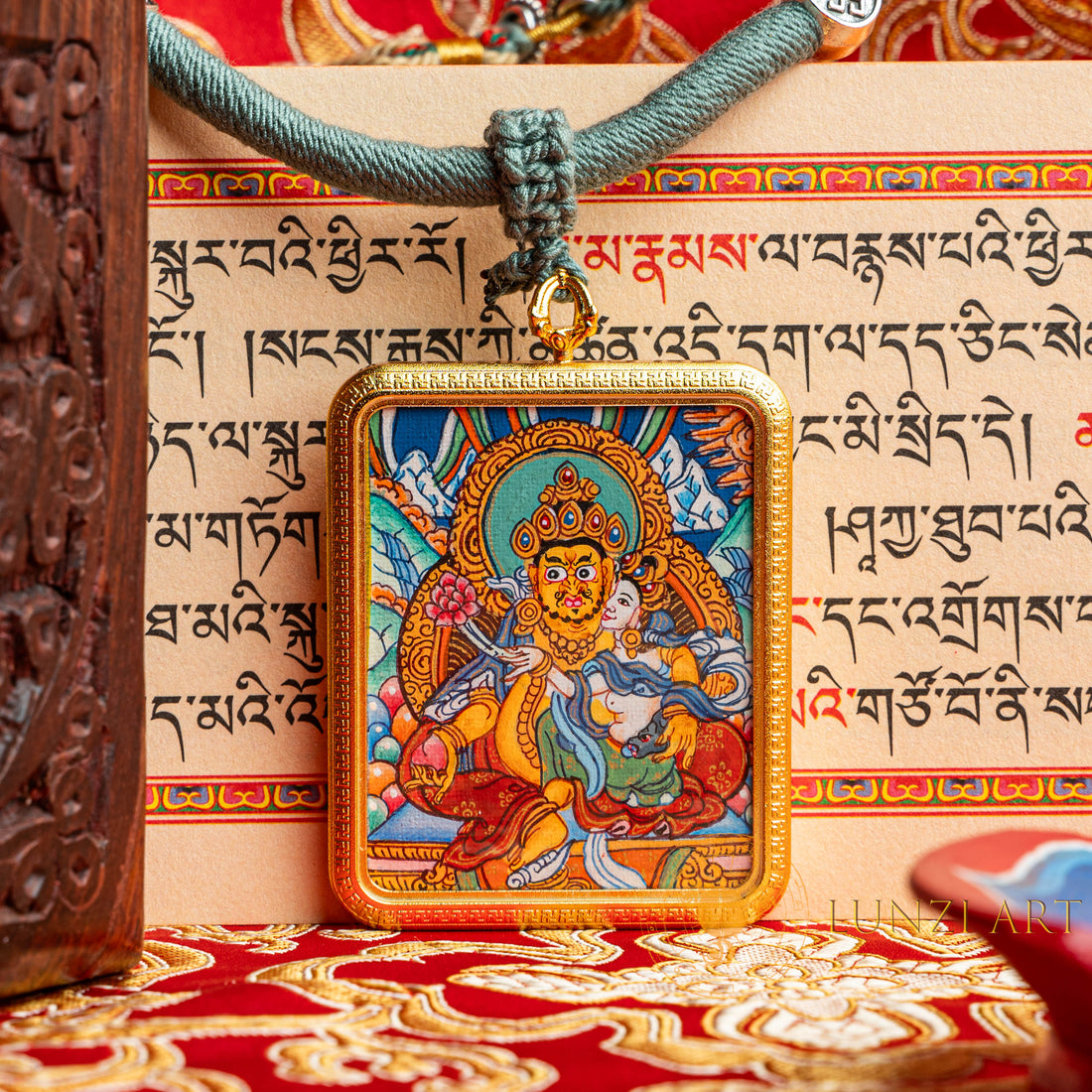 Hand-Painted Zambala with Consort Rectangular Locket (Ghau) Thangka - L-J-62
