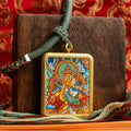 Hand-Painted Zambala with Consort Rectangular Locket (Ghau) Thangka - L-J-62