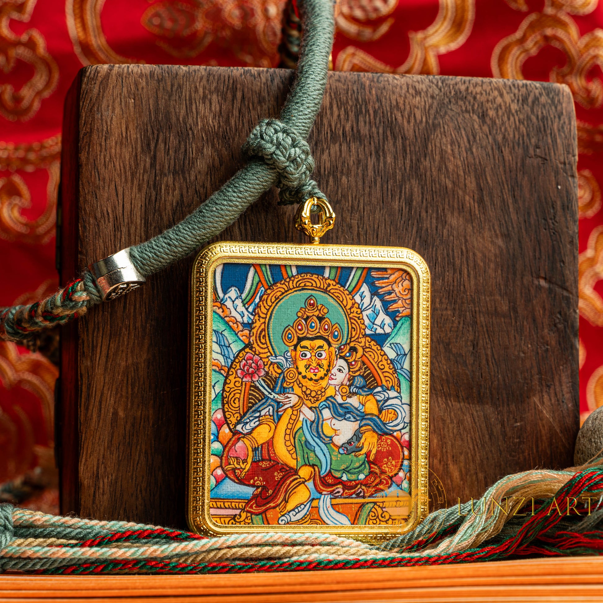 Hand-Painted Zambala with Consort Rectangular Locket (Ghau) Thangka - L-J-62