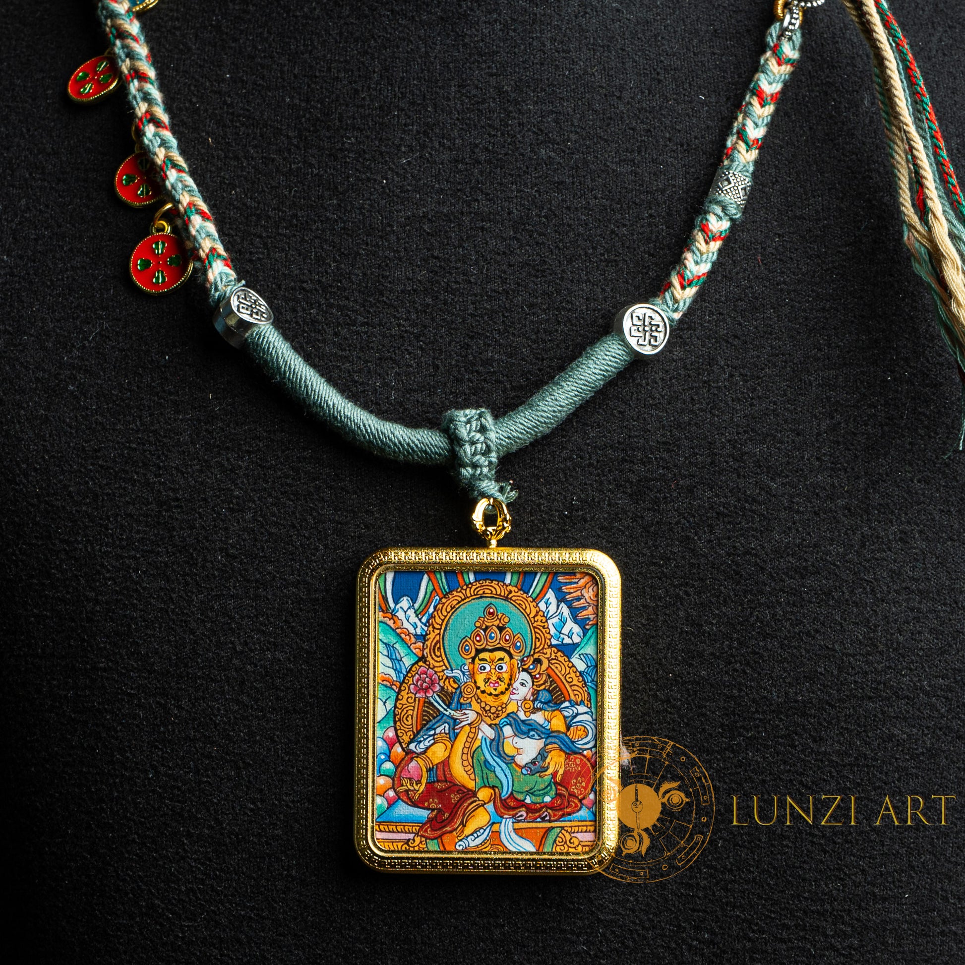 Hand-Painted Zambala with Consort Rectangular Locket (Ghau) Thangka - L-J-62