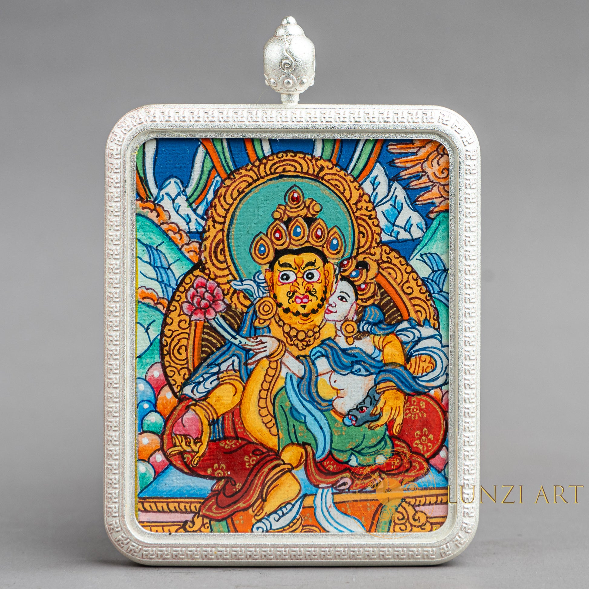 Hand-Painted Zambala with Consort Rectangular Locket (Ghau) Thangka - L-J-62
