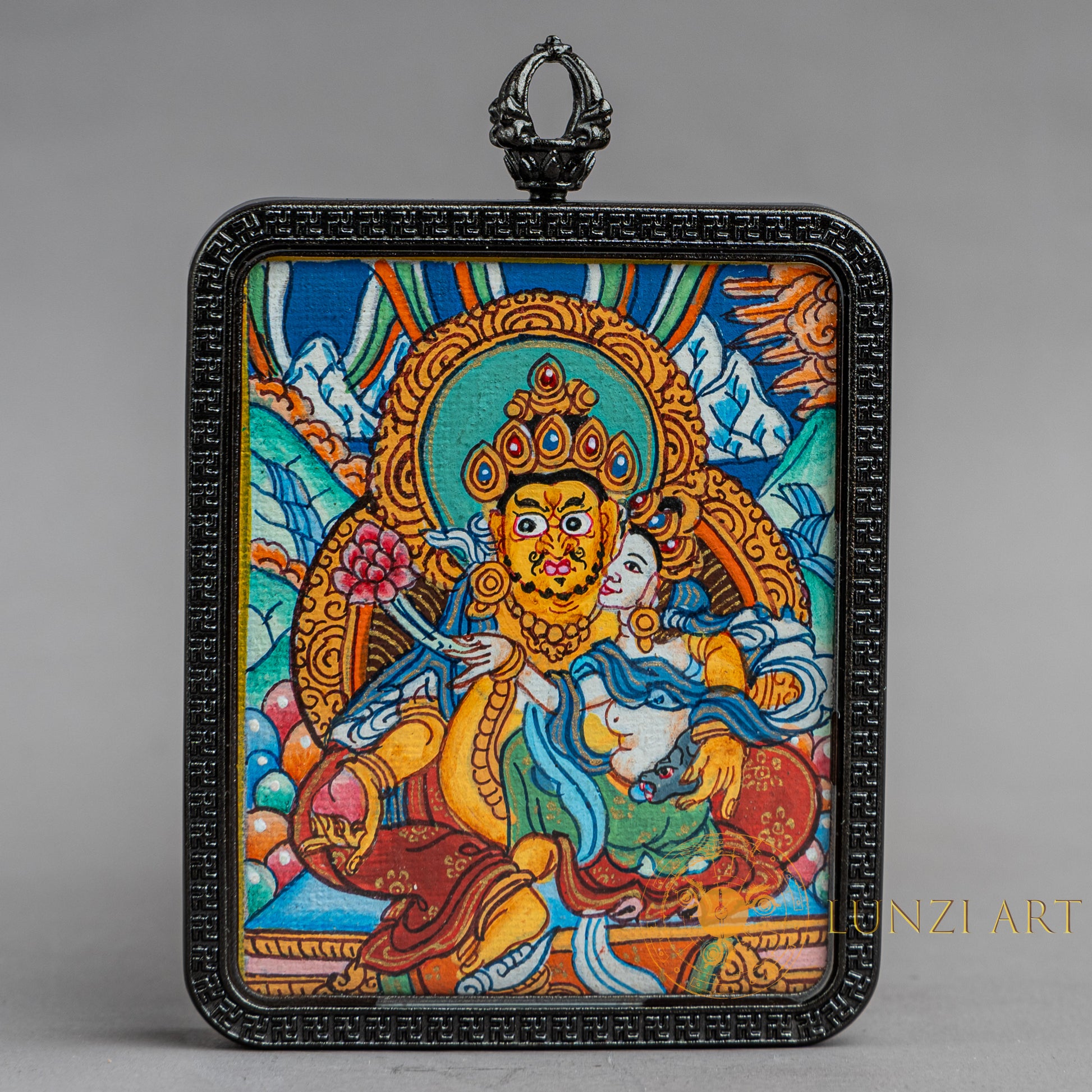 Hand-Painted Zambala with Consort Rectangular Locket (Ghau) Thangka - L-J-62