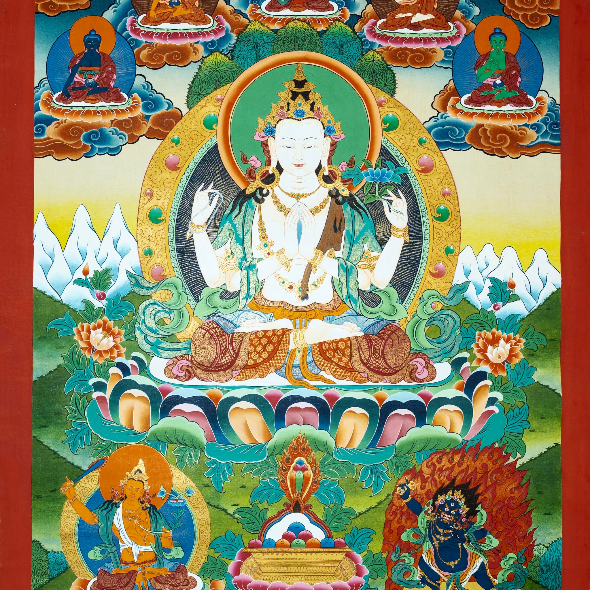 Hand-painted Four-armed Avalokitesvara Mandala Thangka "The Sacred Art of Compassion" - Thangka