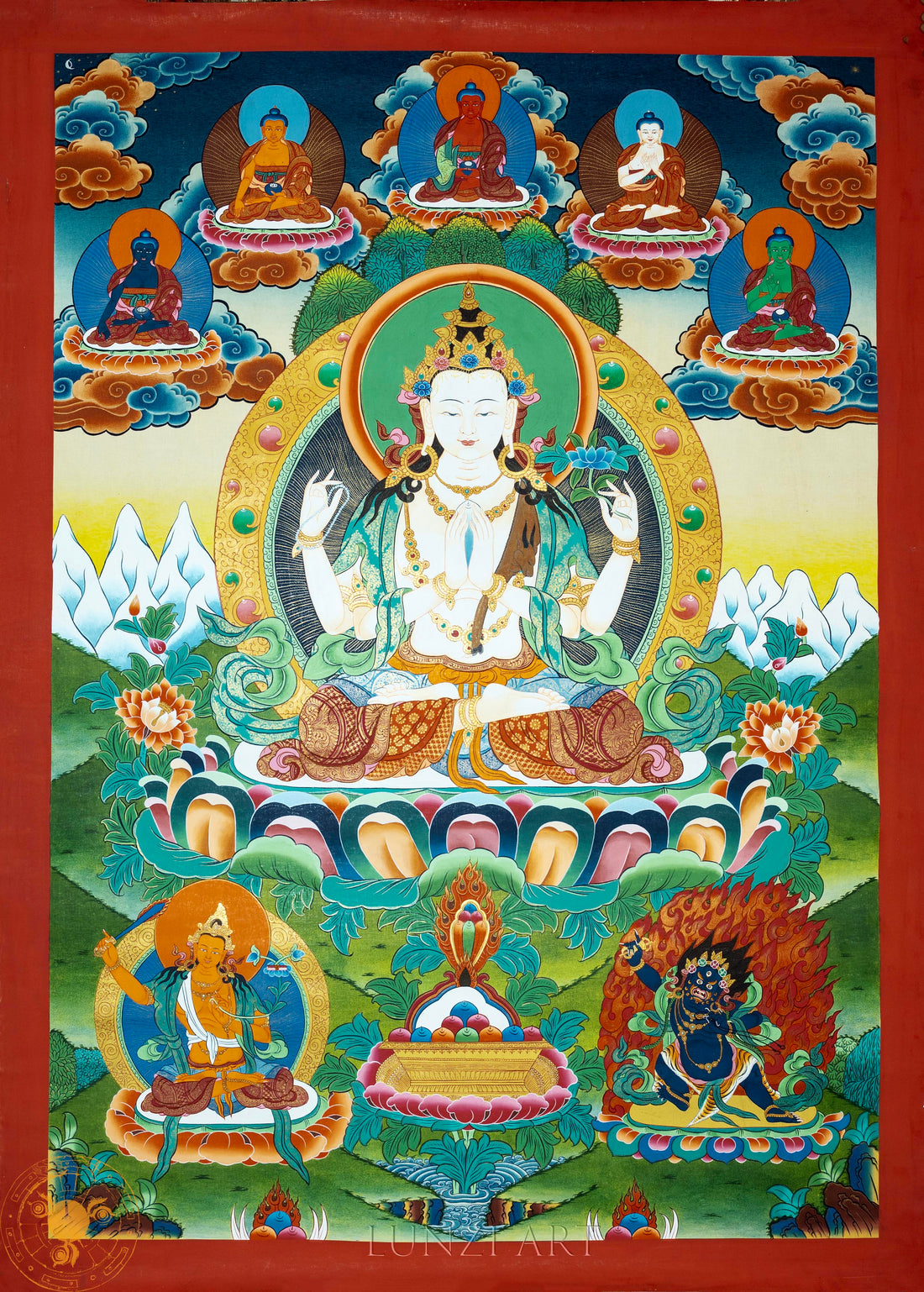Hand-painted Four-armed  Chengresi Thangka "The Sacred Art of Compassion" - T-PS-SS-RB-CS-0051
