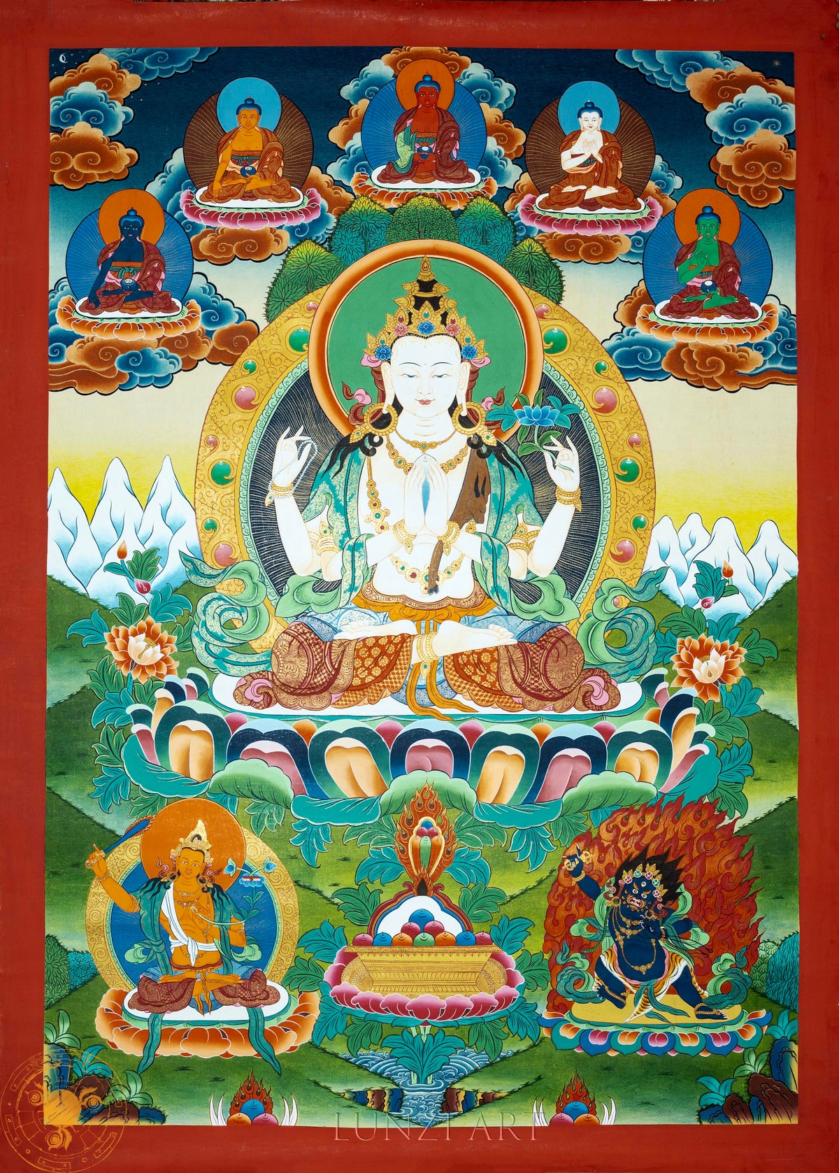 Hand-painted Four-armed  Chengresi Thangka "The Sacred Art of Compassion" - T-PS-SS-RB-CS-0051