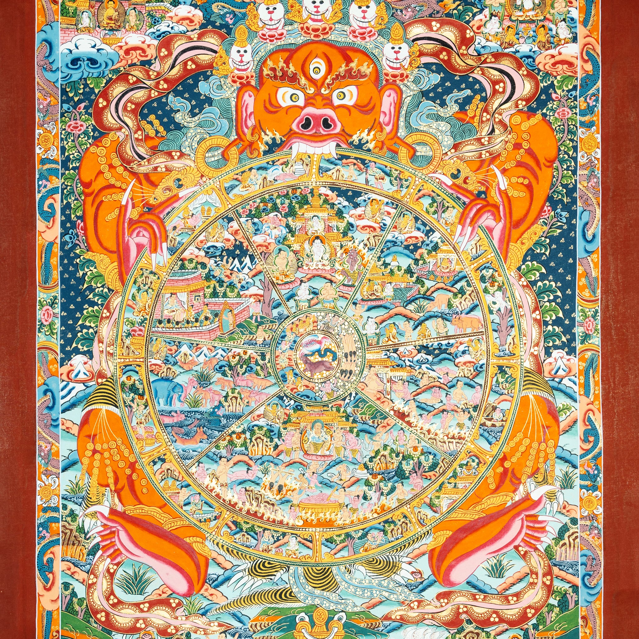 Hand-painted Wheel of Life thangka "Sacred Map of Reincarnation" - Thangka