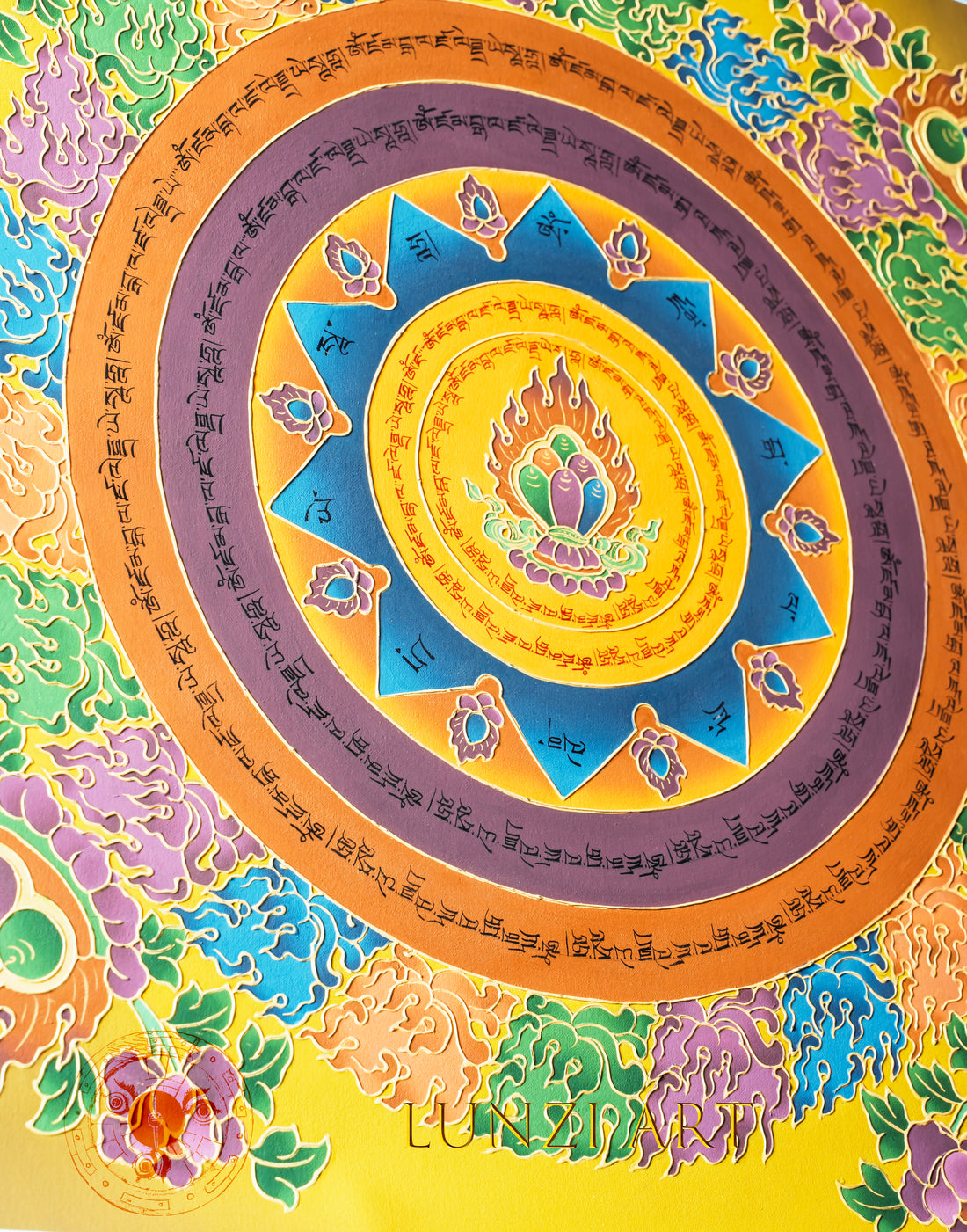 HandPainted Lotus Fire Mandala Thangka of the Three Jewels “Radiance of Enlightened Essence" - Thangka