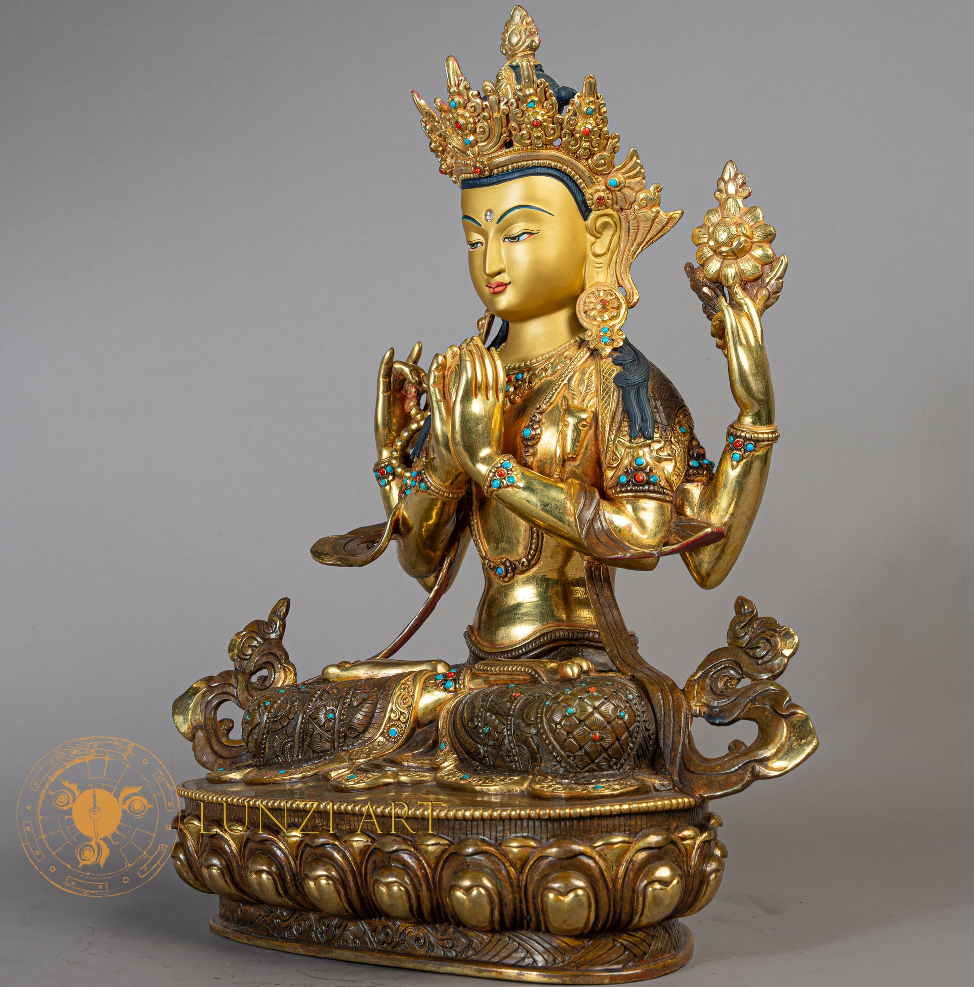 Handcrafted Chenrezig Statue | Half Gold-Plated Copper - S-B-RM-HG-C-AB-00181