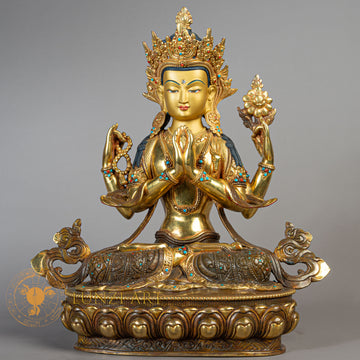 Handcrafted Chenrezig Statue | Half Gold-Plated Copper - S-B-RM-HG-C-AB-00181