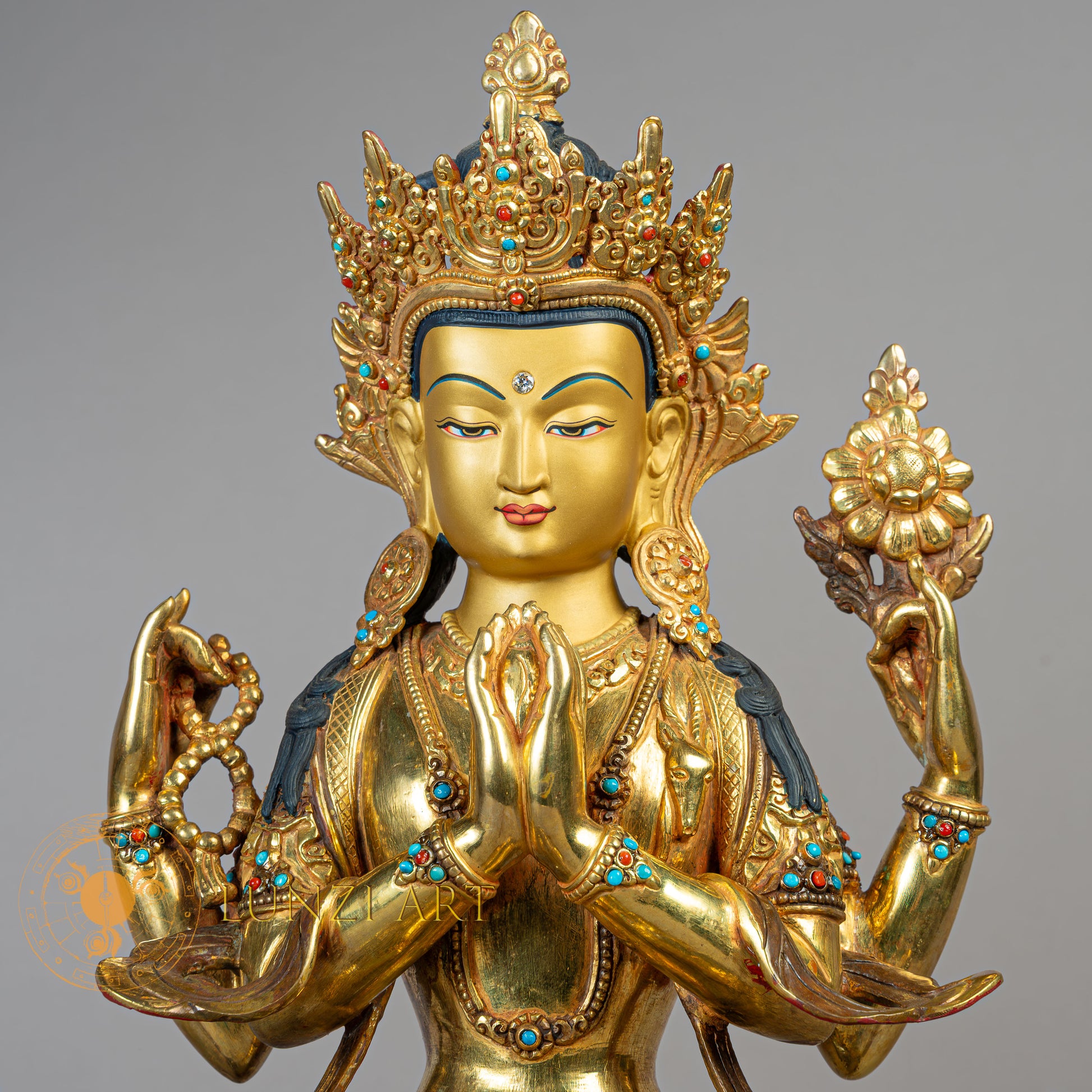 Handcrafted Chenrezig Statue | Half Gold-Plated Copper - S-B-RM-HG-C-AB-00181