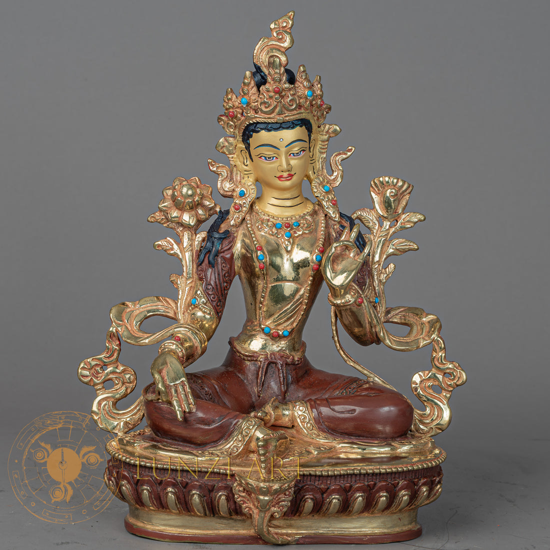 Handcrafted Green Tara Statue | Half Gold-Plated Copper - S-P-BA-HG-CG-GT-00211