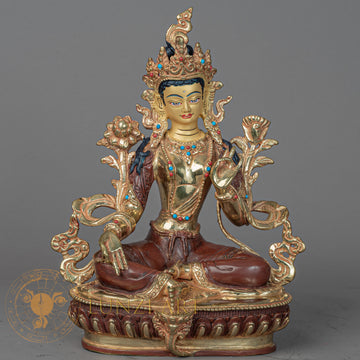 Handcrafted Green Tara Statue | Half Gold-Plated Copper - S-P-BA-HG-CG-GT-00211