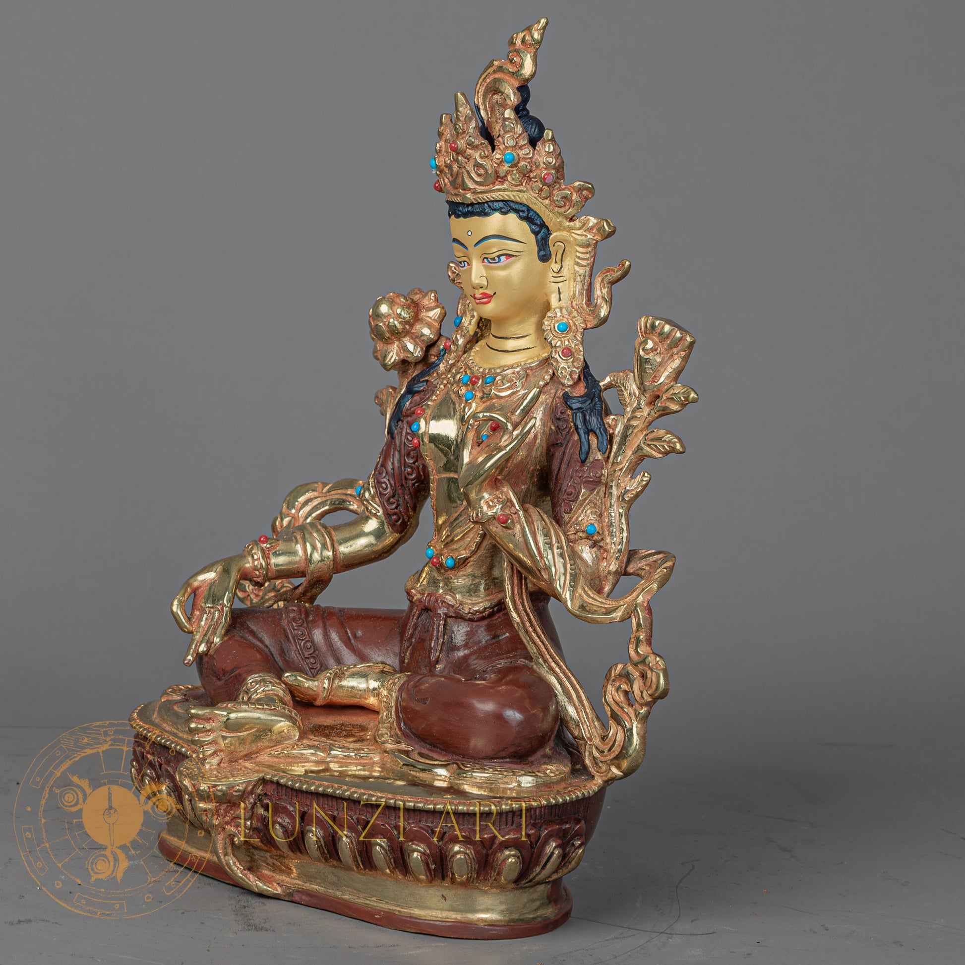 Handcrafted Green Tara Statue | Half Gold-Plated Copper - S-P-BA-HG-CG-GT-00211