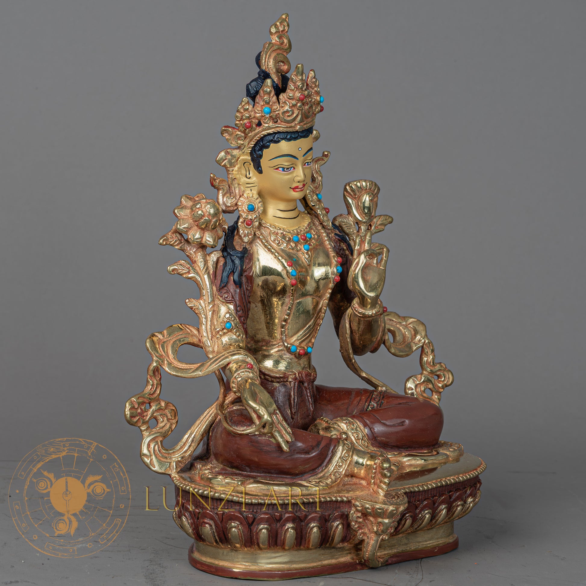 Handcrafted Green Tara Statue | Half Gold-Plated Copper - S-P-BA-HG-CG-GT-00211