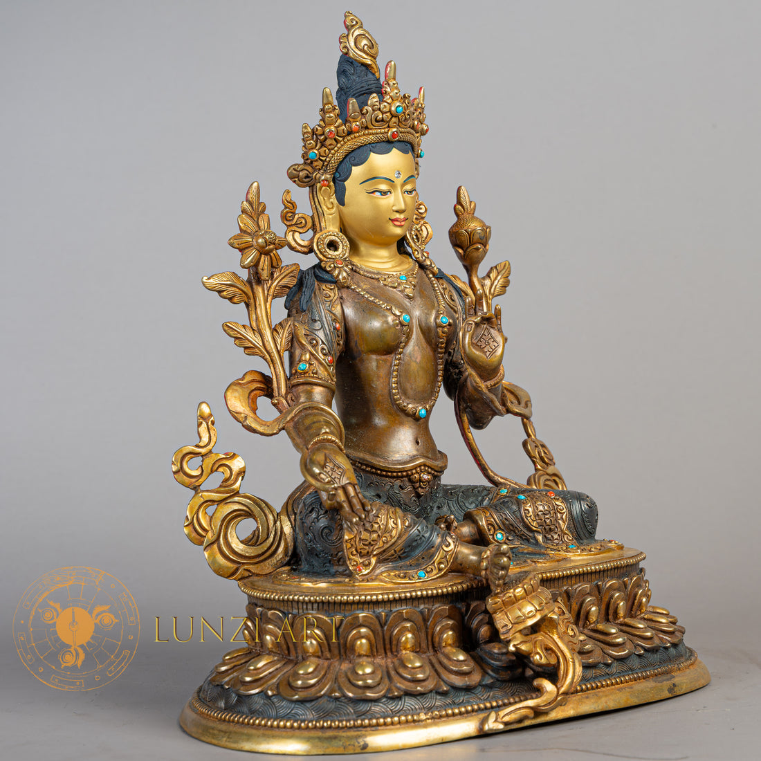 Handcrafted Green tara Statue | Half Gold-Plated Copper - S-B-RM-HG-C-GT-00184
