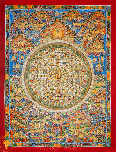 Handcrafted Infinite Buddha Traditional Mandala Thangka "Sacred Wheel of Awakening" - T-PS-SS-RB-TM-0043