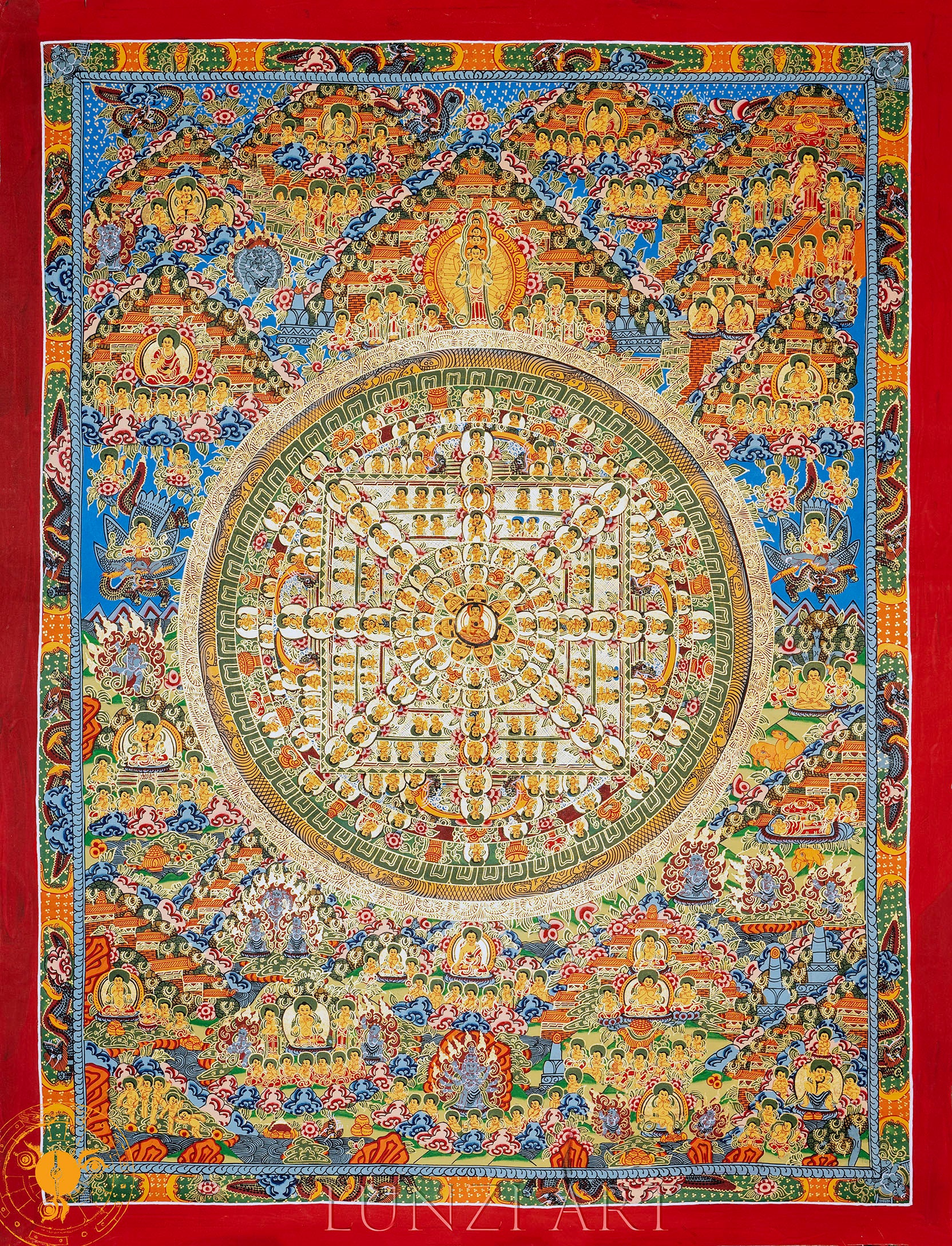Handcrafted Infinite Buddha Traditional Mandala Thangka "Sacred Wheel of Awakening" - Thangka