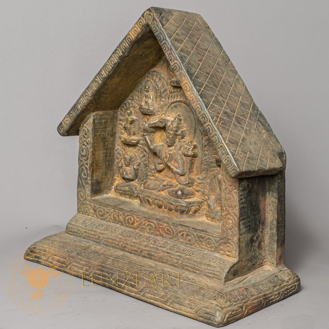 Handcrafted Manjushree Altar – Wooden Shrine with Gold-Gilded Clay Relief - w-s-sh-ma-0011