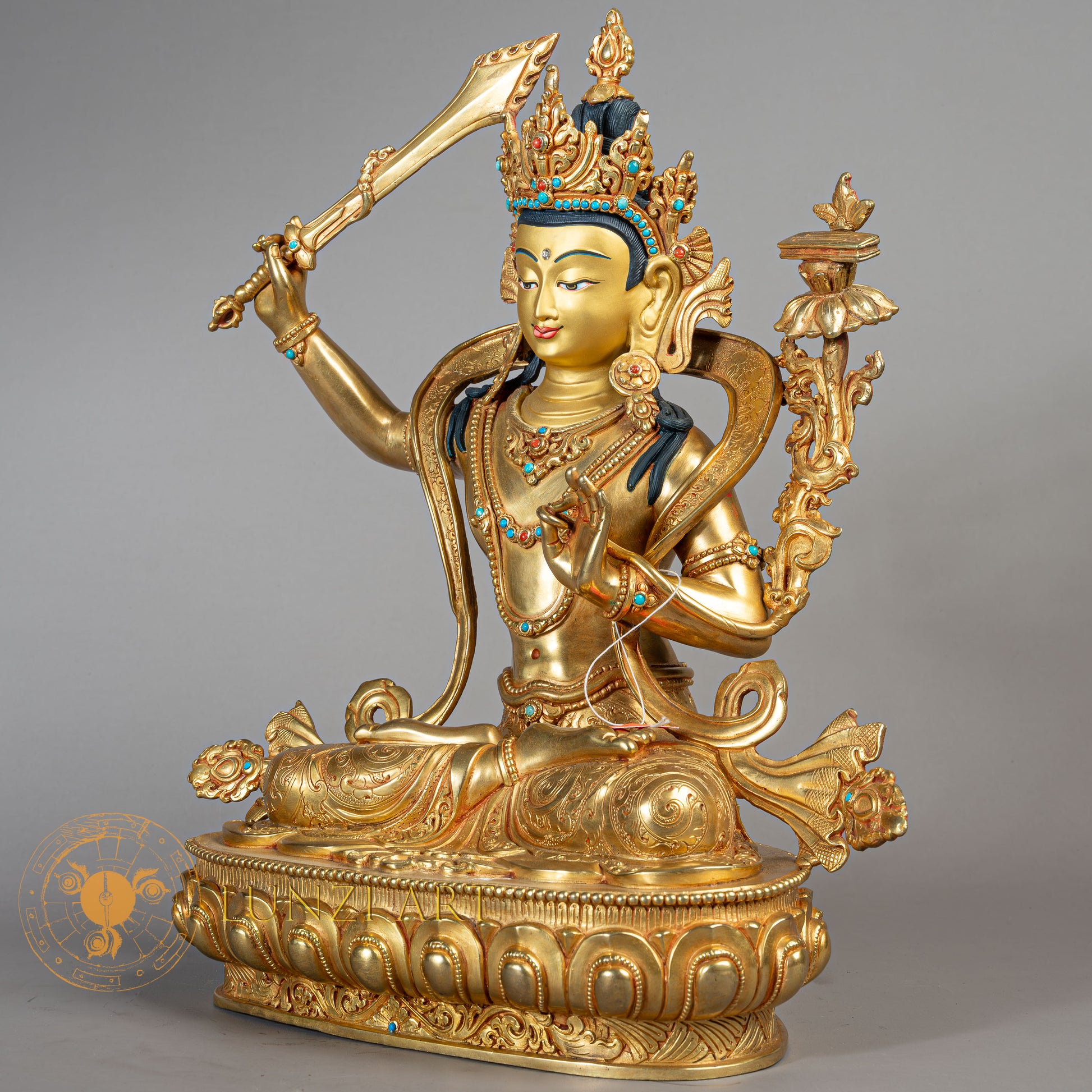 Handcrafted Manjushri Statue | Fully Gold-Plated Copper - S-B-RM-FG-C-M-00180
