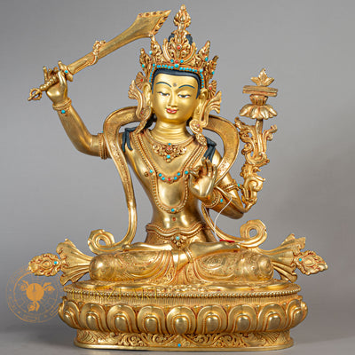 Handcrafted Manjushri Statue | Fully Gold-Plated Copper - S-B-RM-FG-C-M-00180