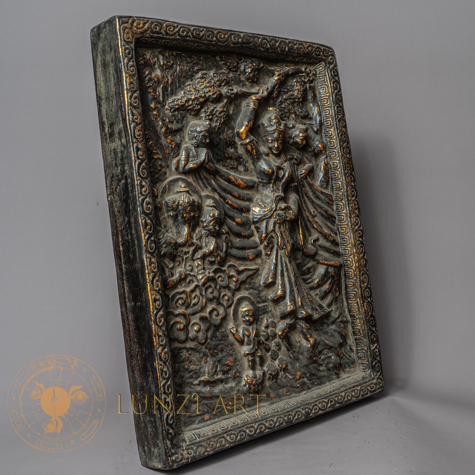 Handcrafted Queen Maya Devi Frame – Antique Style Wood & Clay Relief Panel - w-s-sh-mdf-0017