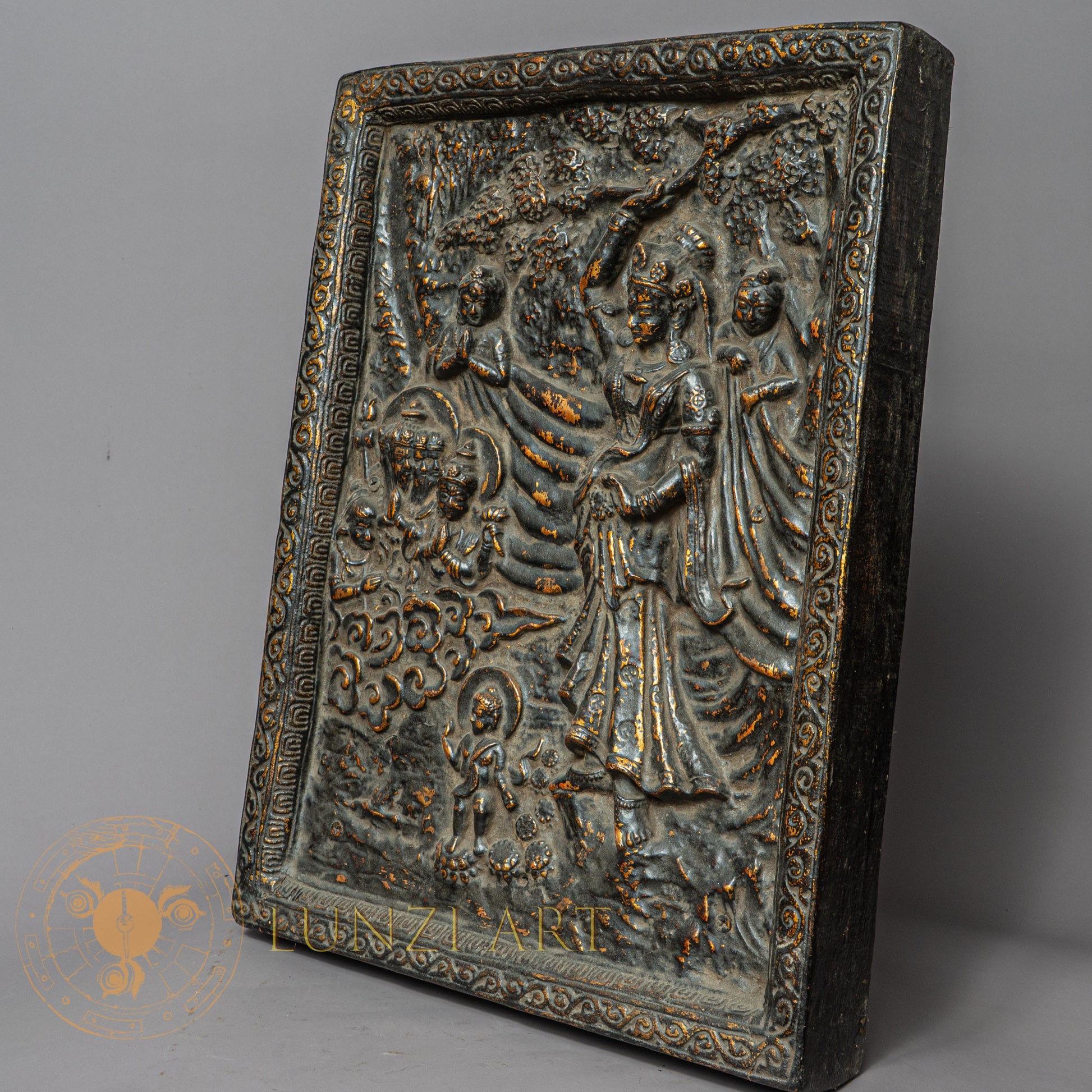 Handcrafted Queen Maya Devi Frame – Antique Style Wood & Clay Relief Panel - w-s-sh-mdf-0017