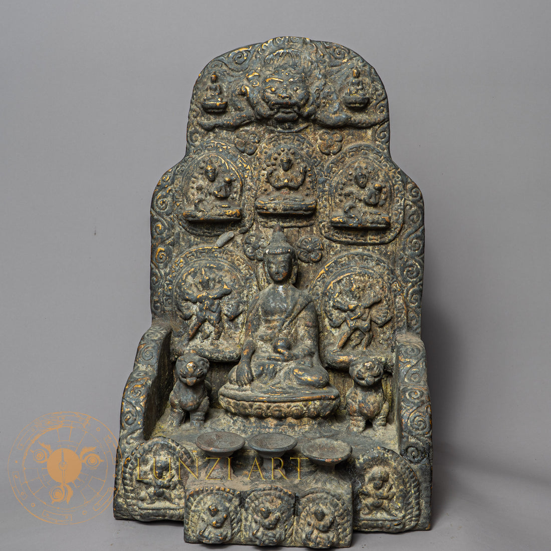 Handcrafted Shakyamuni Buddha Altar – Antique Style Wooden Shrine with Clay Relief Mandala - w-s-sh-sa-0015