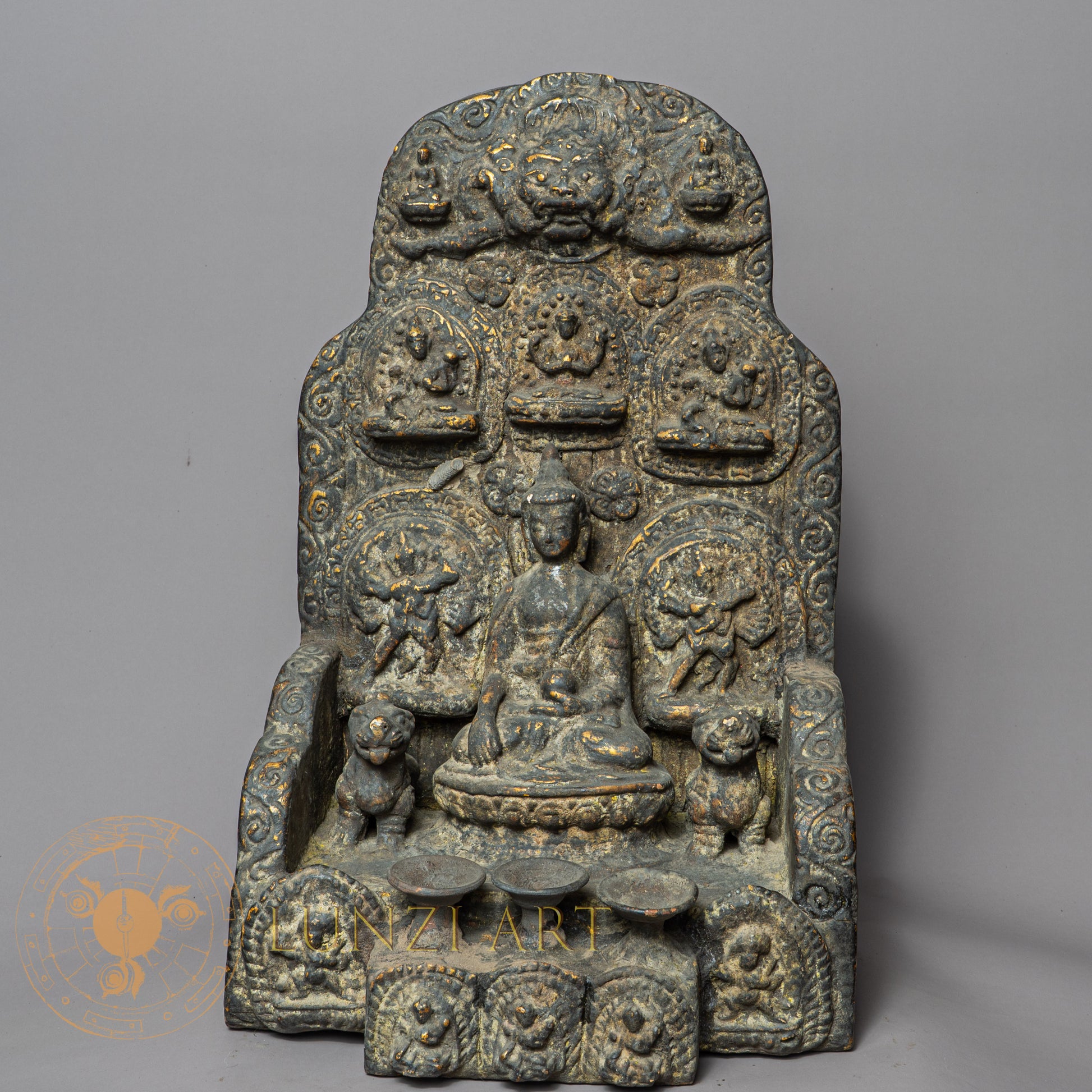 Handcrafted Shakyamuni Buddha Altar – Antique Style Wooden Shrine with Clay Relief Mandala - w-s-sh-sa-0015