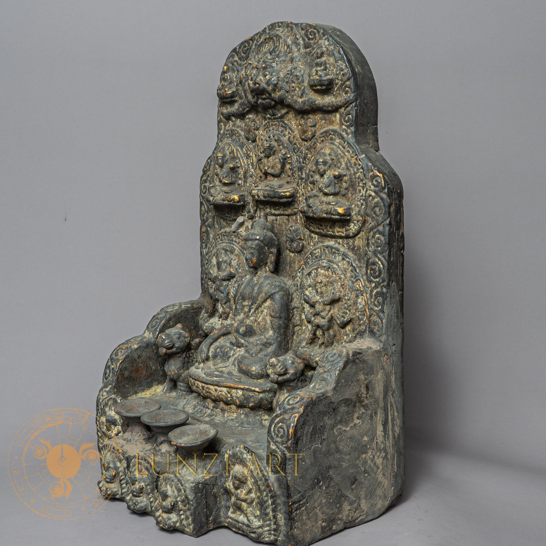 Handcrafted Shakyamuni Buddha Altar – Antique Style Wooden Shrine with Clay Relief Mandala - w-s-sh-sa-0015