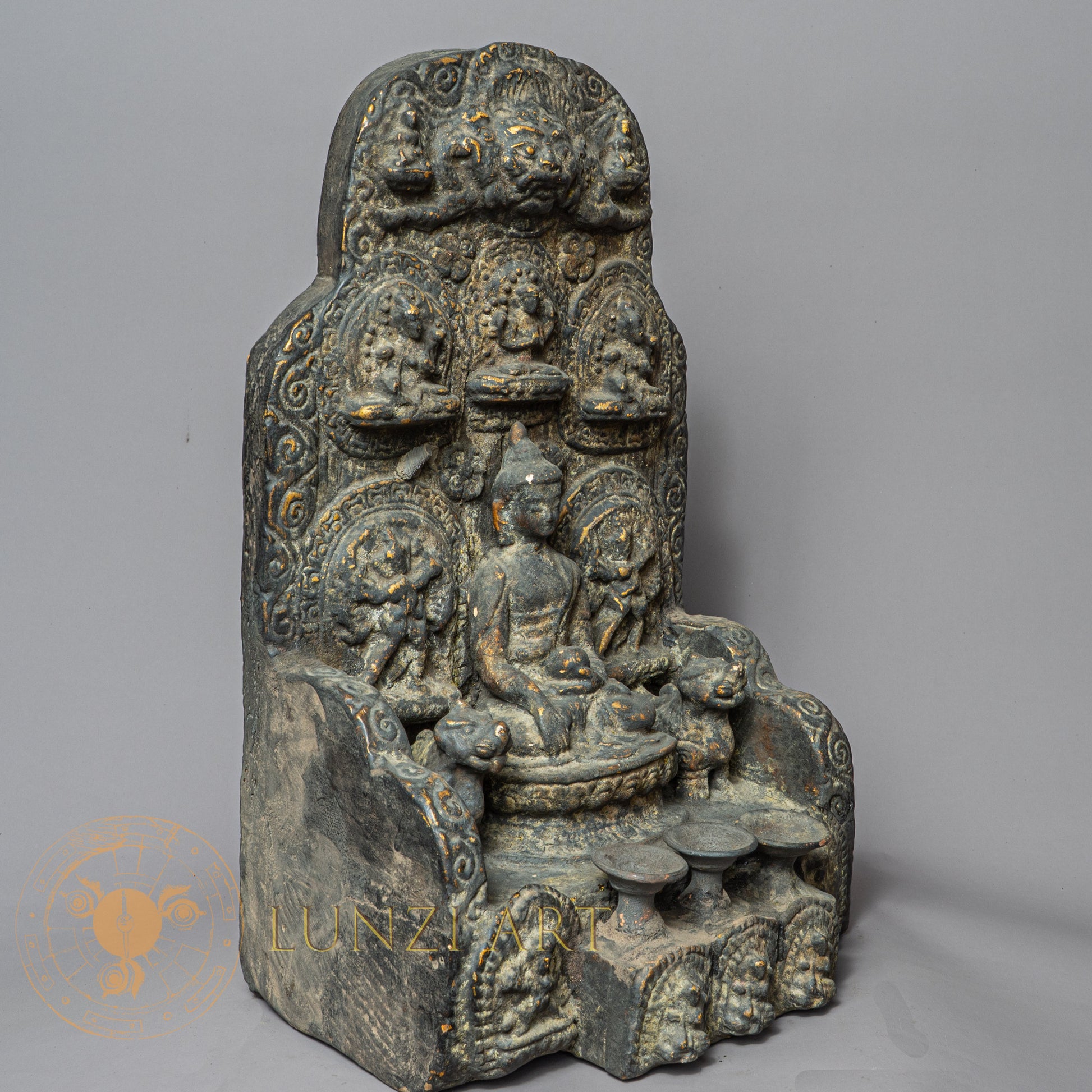 Handcrafted Shakyamuni Buddha Altar – Antique Style Wooden Shrine with Clay Relief Mandala - w-s-sh-sa-0015