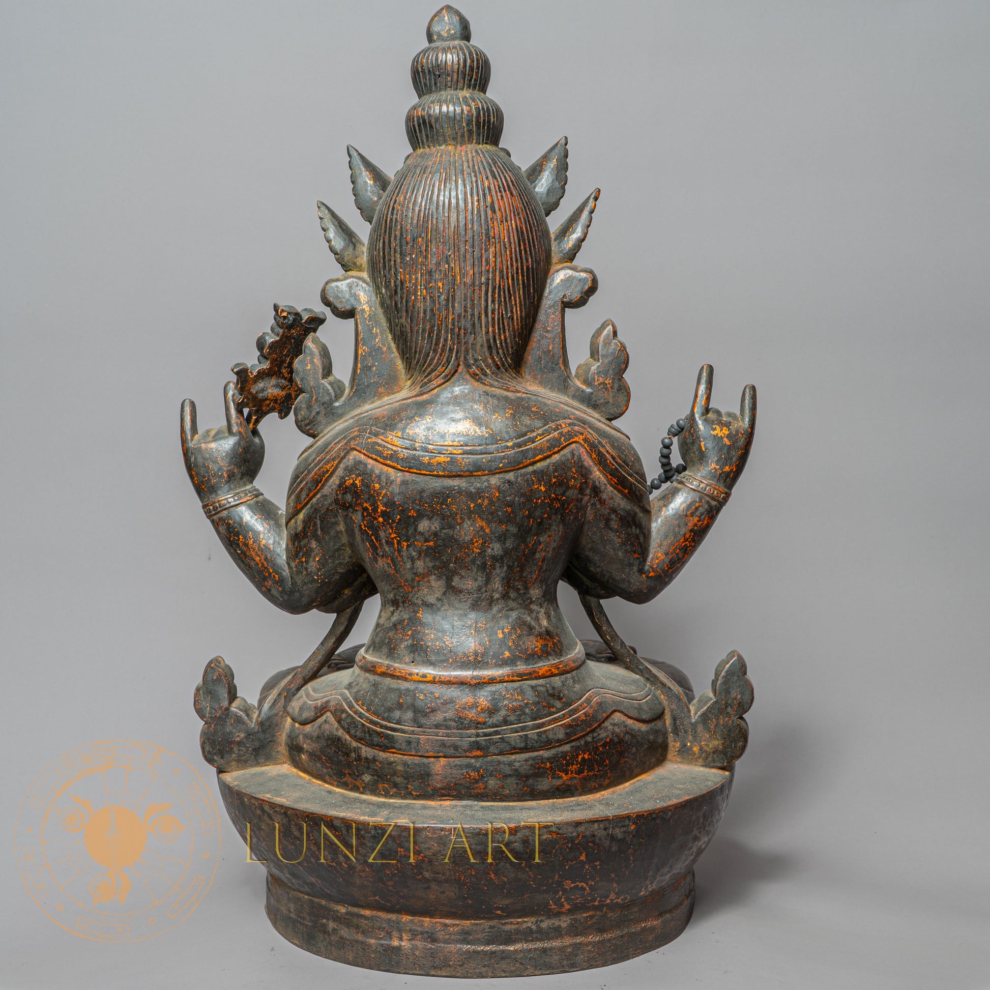 Handcrafted Wooden Chengresi Statue – Antique Style Four-Armed Avalokiteshvara Carving - w-s-sh-cs-0013