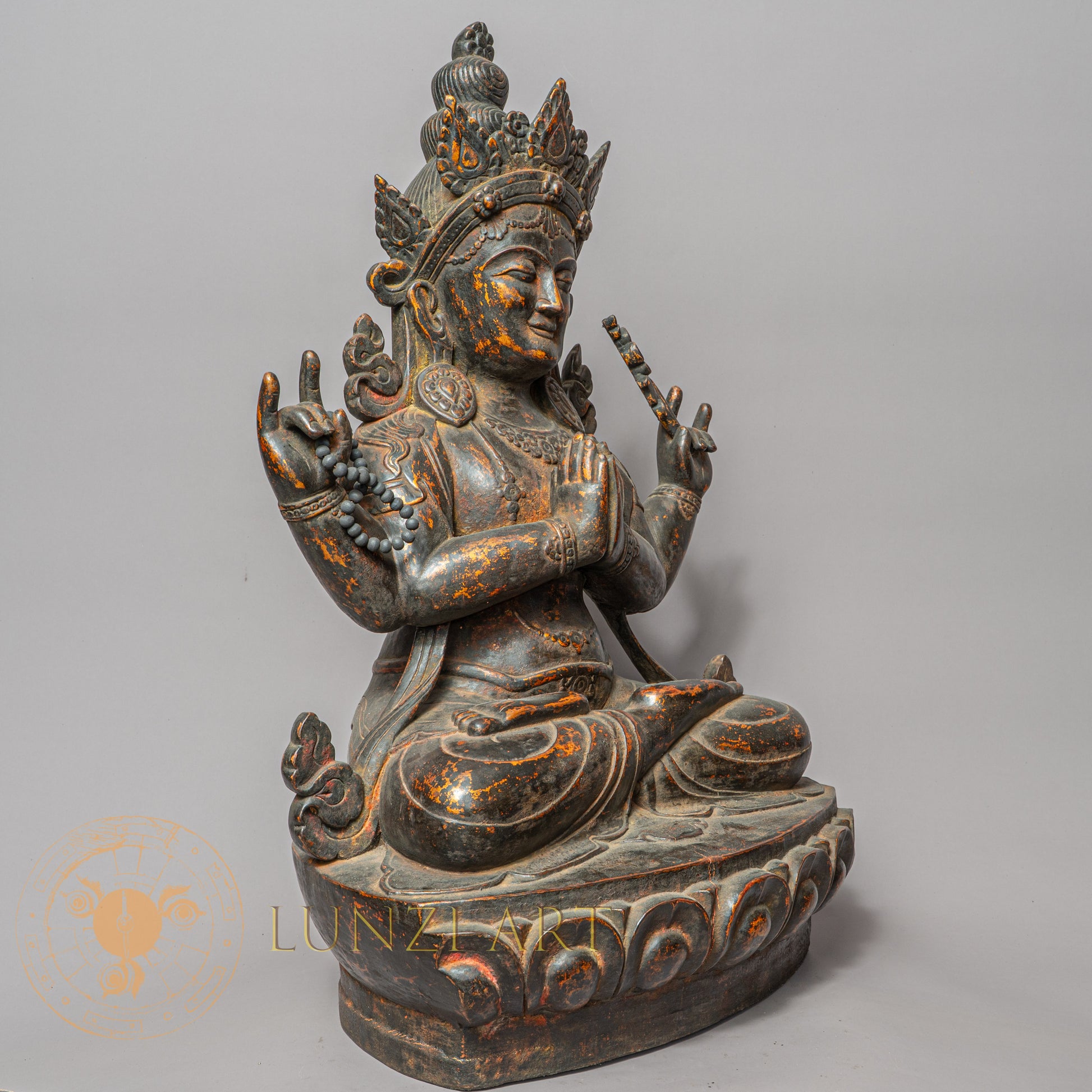 Handcrafted Wooden Chengresi Statue – Antique Style Four-Armed Avalokiteshvara Carving - w-s-sh-cs-0013