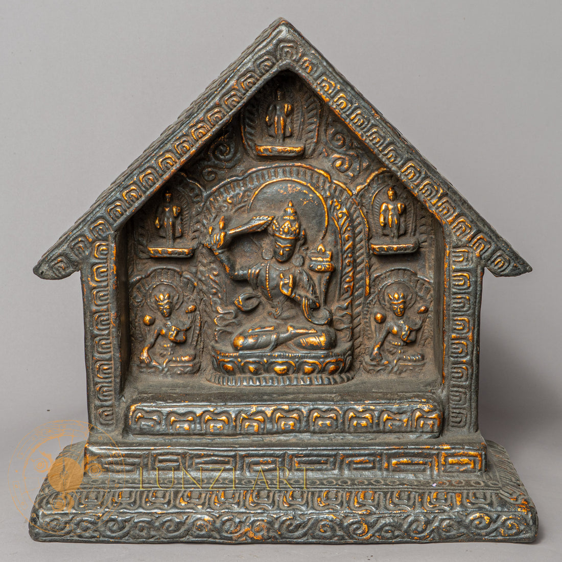 Handcrafted Wooden & Clay Manjushree House Altar – Antique Style Himalayan Shrine Niche - w-s-sh-ma-0012