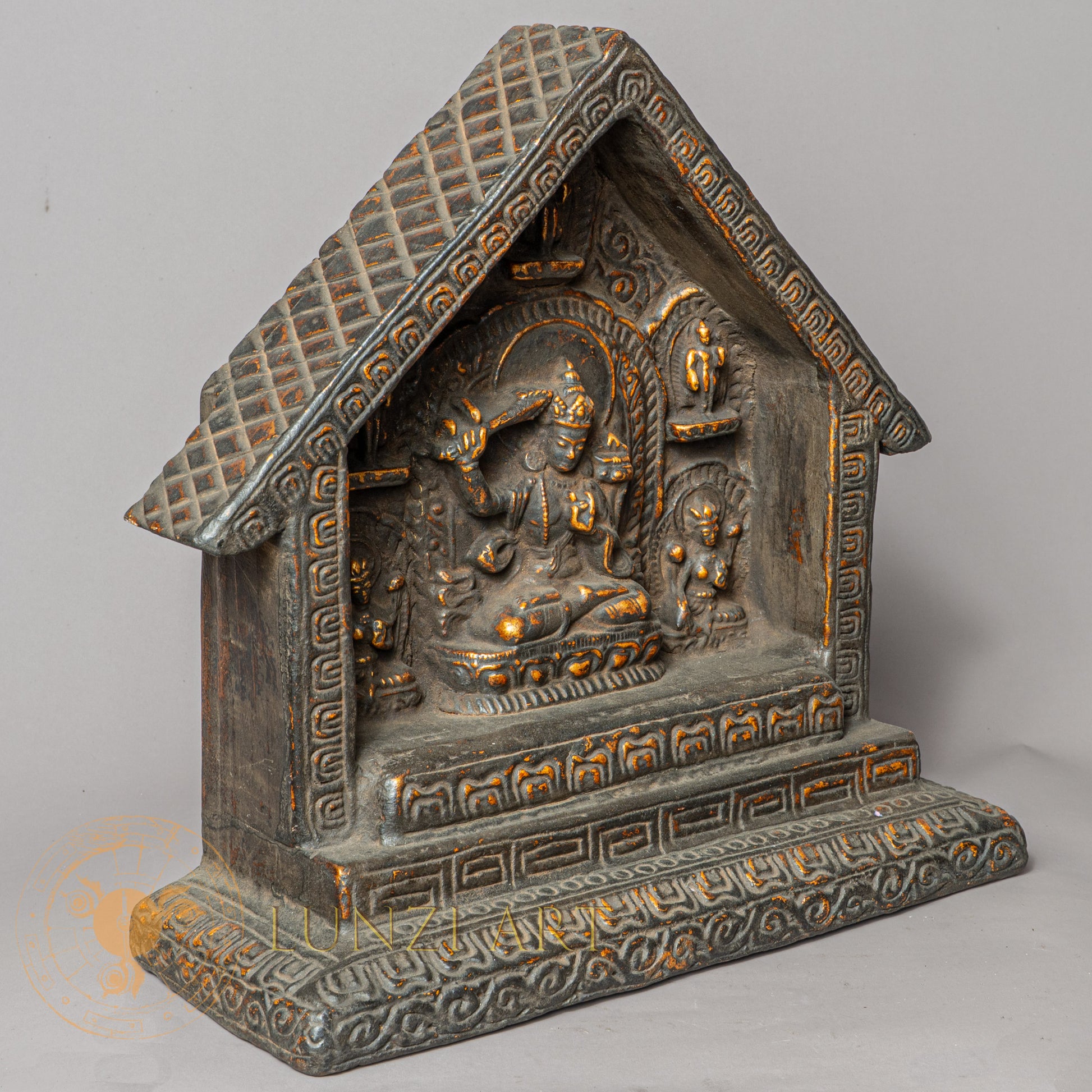 Handcrafted Wooden & Clay Manjushree House Altar – Antique Style Himalayan Shrine Niche - w-s-sh-ma-0012