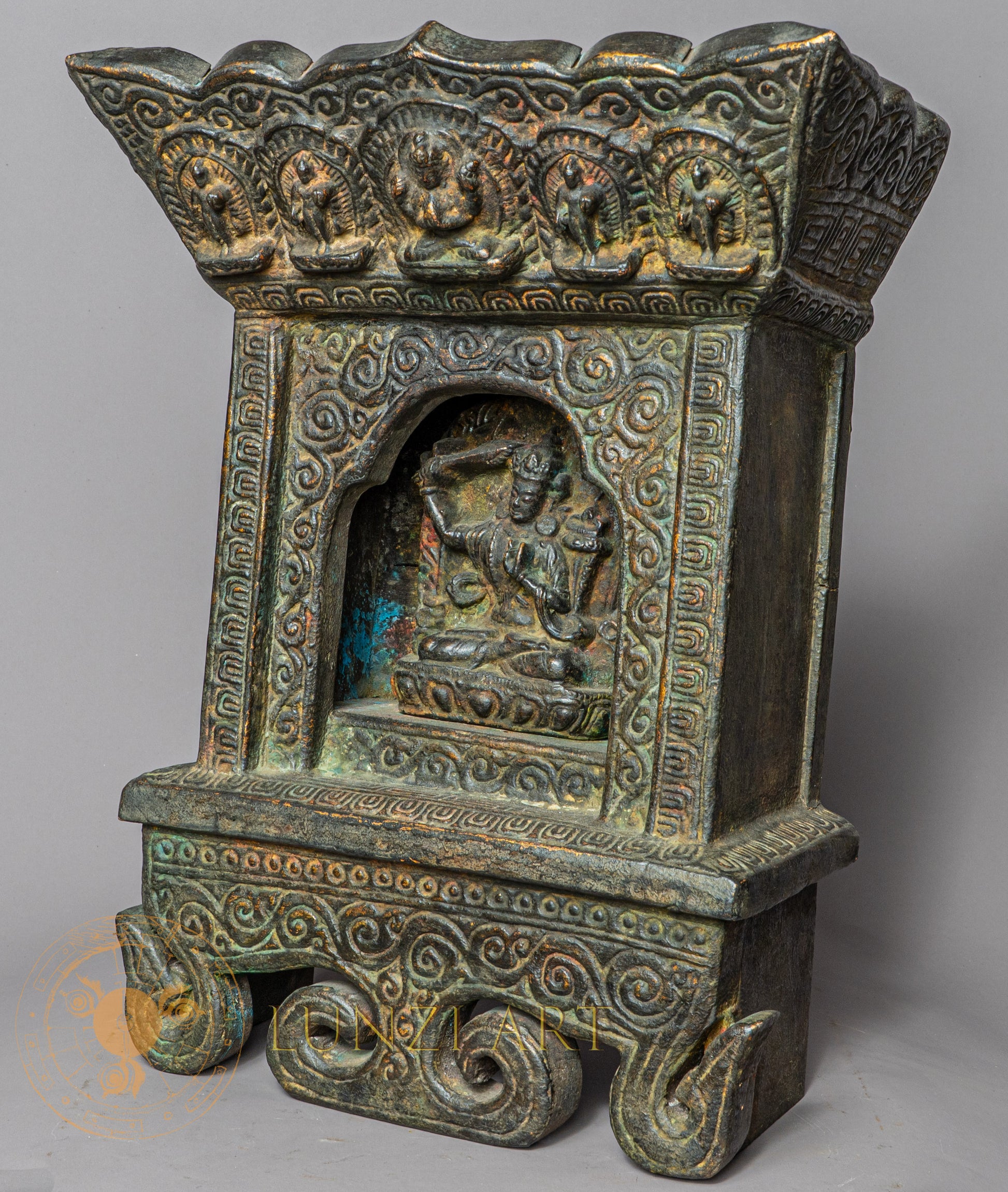 Handcrafted Wooden & Clay Manjushree Shrinework Altar – Antique Style Himalayan Devotional Niche - w-s-sh-ma-0020